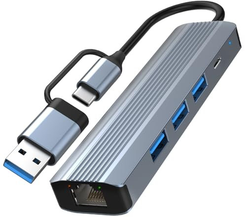 Adaptador dual USB-A/C LAN con Gigabit Ethernet y 3 USB 3.0 y carga tipo C, adaptador Ethernet para conmutador, iPhone 16/15, iPad, MacBook, Surface, Dell XPS (Plug & Play)