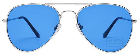 FUN FABLES Retro Sunglasses for Adults – Retro Pop Icon Style Eyewear with Colored Lenses & Silver or Black Frames – 70s Costume, Festival & Fancy Dress Glasses (Blue Glasses with Silver Frame)