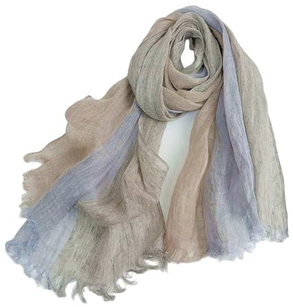 Prettystern Uomo Donna Lunga Sciarpa 100% Lino Pashmina strisce Unisex estiva con frange T122 beige screziato blu grigio
