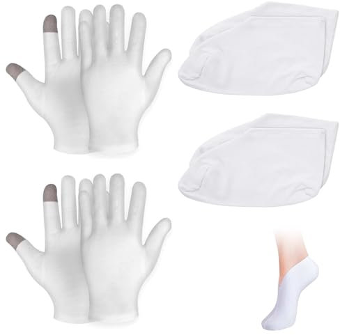 Baumwollhandschuhe mit Touchscree, 4 Paar Baumwollhandschuhe, 2 Paar Feuchtigkeitssocken Damen, Baumwollhandschuhe Neurodermitis, Hand und Fußpflege, für Reparieren Trockene,Wiederverwendbar (Weiße)
