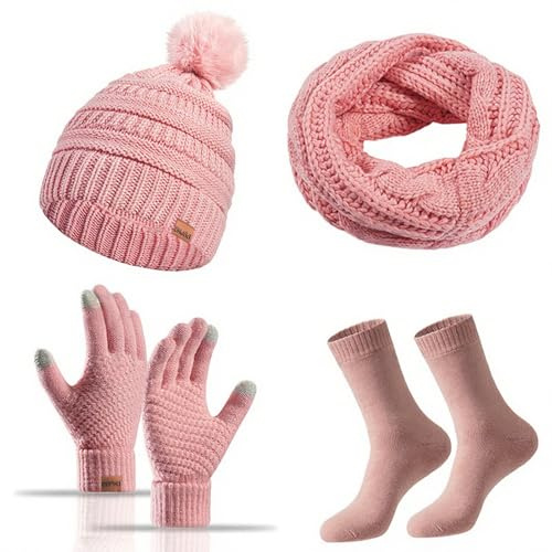 Baynetin 4-pack kvinnor vinter hatt halsduk handskar strumpor set, vinter mössa mössa varm termisk tofs mössor pekskärm handskar dam halsduk halsvärmare 4 i 1 set kallt väder, Rosa, one size