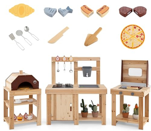 GOPLUS Cocina de Juguete para Niños de 3 Piezas, Cocinita Infantil al Aire Libre con Parrilla Barbacoa, Horno de Pizza, Fregadero, Set de Cocinita de Juguete con Utensilios, para Niños de 3+ Años