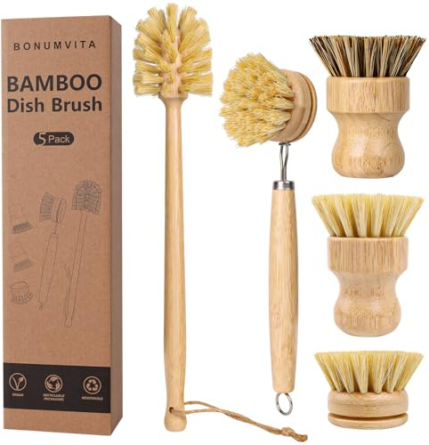 BONUMVITA 5 Pack Bamboo Dish Brush Set, Wooden Dish Brush with 14’’ Bottle Brush, Natural Kitchen Scrub Brush for Dishes Pots, Pans, Sinks, Woks, Vegetables