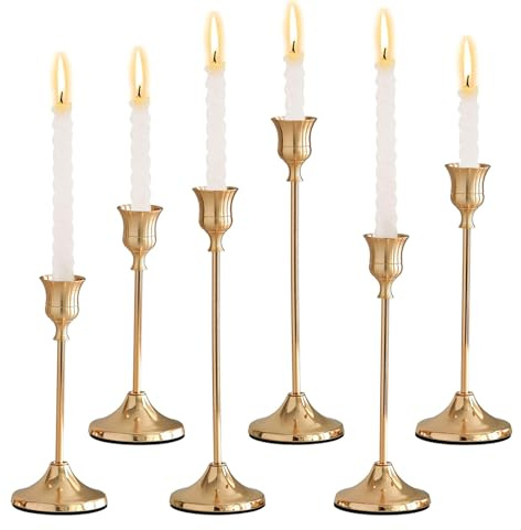 JurciCat Portacandele Dorato Candelabri Candelabro Porta Candela 16/19/22 Cm per Feste Decorazioni Di Nozze Cerimonie Di Maggior Età Feste Di Compleanno (Oro 6 Pezzi)