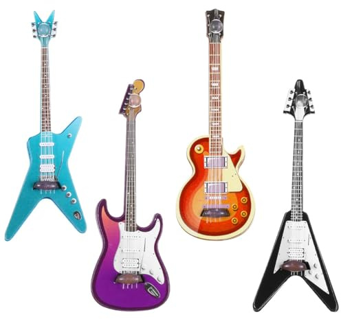 Durlo Confezione da 4 mini chitarre gonfiabili, decorazioni di simulazione di chitarra, in legno in scala 1:12, chitarre ad aria colorate per mini sala musica