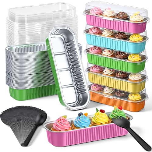 Blushtier 150 Pcs Mini Loaf Pans with Lids and Spoons 6.8 oz Tropical Rectangular Aluminum Foil Baking Pans Hawaiian Mini Tins Cake Containers for Summer Tropical Aloha Luau Pool Party