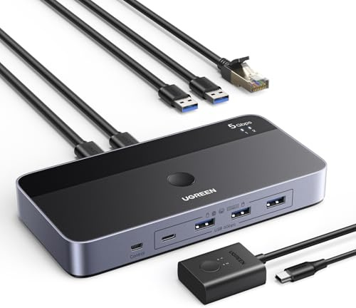 UGREEN Switch USB 3.0 Conmutador USB con 2 Entradas y 4 Salidas con Puerto Gigabit Ethernet RJ45 Conmutador PC con Mando a Distancia para Ratón y Teclado Compatible con Windows macOS Linux