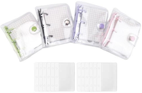 Myqqhbs Lot de 4 Mini Couvertures de Reliure à Anneaux Transparentes avec Page IntéRieure QuadrilléE et 12 Pochettes de Reliure (3 PièCes/Ensemble)