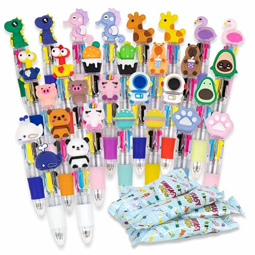 BONNYCO Boligrafo Multicolor Pack de 30 Regalos Cumpleaños Niños Colegio | Boli 4 Colores con Figuras Divertidas. Ideas Detalles Cumpleaños Niños en Bolsas Sorpresa. Regalitos Alumnos y Relleno Piñata