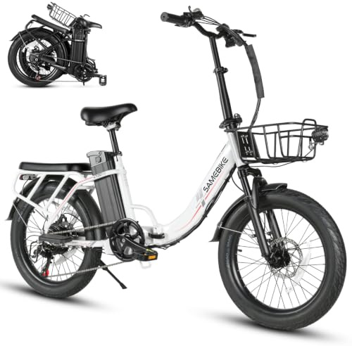 SAMEBIKE Fat Bike electrica Plegable 20 250W Motor Bicicleta eléctrica de montaña batería extraíble Caja de Cambios de 7 velocidades Ebike Plegable Suspensión Delantera y Doble Disco Frenos(Blanco)