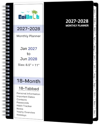 Agenda mensual 2027-2028, calendario de 18 meses 2027-2028 de enero de 2027 a junio de 2028, 8.5 x 11 pulgadas con rayas extendidas, cubierta flexible, espiral de alambre, bolsillo, pestañas