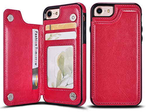 UEEBAI Case for iPhone SE 2022 5G/iPhone 7/iPhone 8/iPhone SE 2020, Luxury PU Leather Case with [Magnetic] [Card Slots] KickStand Durable Soft Case Back Wallet Flip Cover for iPhone SE3/SE2 - Rose Red