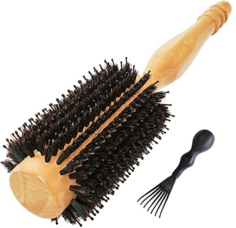 High-Density Boar Bristles Wood Round Brush for Blow-Drying, Straightening & Styling Medium to Long Fine or Normal Hair (Shoulder to Back-Length) for Shine & Volume, 1.2 Roller, 2.4 with Bristles