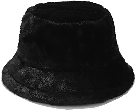 Umeepar Winter Faux Fur Fuzzy Bucket Hat Fluffy Warm Hat for Women Men (Plain Black)