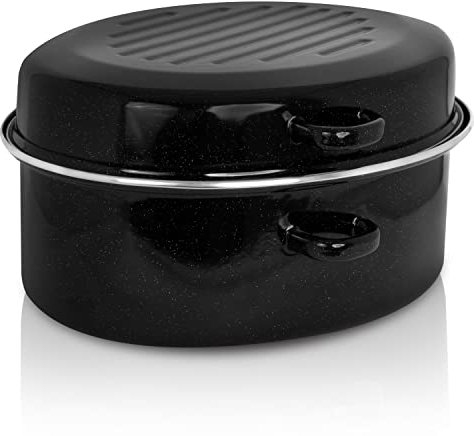 Krüger Emaille-Gansbräter mit Tropfdeckel - hochwertiger Bräter - für alle Herdarten geeignet - hervorragend für Braten und Geflügel (Emaille - schw.-weiß gesprenkelt mit Chromrand (42 x 32 cm))