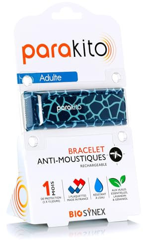 BIOSYNEX - PARAKITO - Bracelet Anti-Moustiques Rechargeable - 2 Recharges Incluses - 1 Mois d'Utilisation - Sans DEET - Motif Girafe Bleu - Taille Adulte