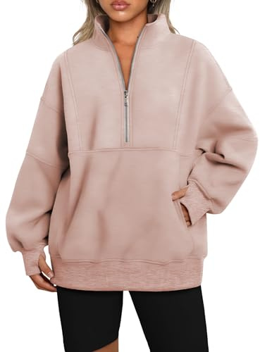 Famulily Womens Elegant Comfy Sweatshirts with Thumb Holes Long Sleeve Zip Up T Shirt Fleece Tops Pink XL