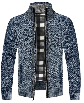NOROZE Mens Cardigans | Plain Knit Cardigan Full Zip Up Sweater | Stand-Up Collar with 2 Side Pockets Long Sleeve Cardigan | Winter Coat Knitted Jumper | Plain Casual Knitwear Outerwear Denim