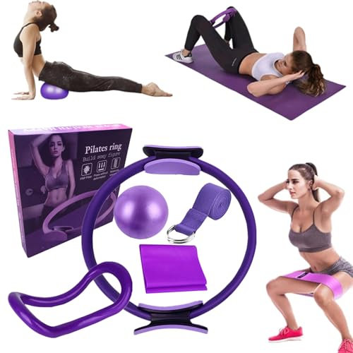 Bouasgh Ensemble Pilates Yoga 6 Pièces — Kit Pilates Maison, Kits de Yoga et Pilates, Pilates Accessoires, Bande de Résistance pour Pilates, Anneaux de Pilates pour Jambes, Bras et Cuisses (Violet)