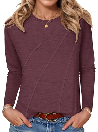 PLOKNRD T-Shirt à Manches Longues pour Femmes Col Rond Tunique Tops Décontracté Blouses Design Plissé Sweatshirt Léger Elegant Rouge foncé M