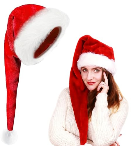 Gorro Papá Noel Adulto, Gorros Navidad Largo para Hombre Mujer, Gorro Santa Claus Adultos Rojo de Peluche con Ribete de Piel Gruesa, Sombrero Divertidos para Disfraz Navideño para Fiestas Navideños