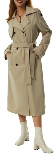 Anuedgis Women's Double Breasted Long Trench Coat Classic Lapel Belted Slim Windproof Overcoat with Belt Fall Going Out Windbreaker Outerwear (A-Khaki, S)