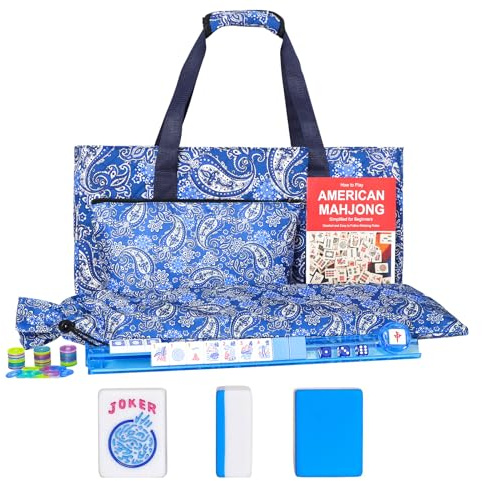 GUSTARIA American Mahjong Game Set, 166 Blue Tiles (1.2”), 4 All-in-One Color Rack/Pushers & Drawstring Bag, Complete Mahjong Sets with Blue Printed Carrying Bag and Mahjong Tile Set Accessories