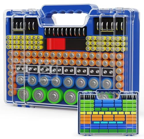 Molutsody Battery Organizer Storage Holder Box Case with Tester, Stores & Protects Up to 260 Batteries, Double-Clear Locking Lid, Holds AA AAA C D and More (Blue)