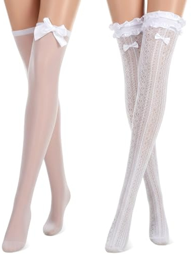 Thrymme 2 Pairs White Over the Knee Socks, White Thigh High Socks Over the Knee Sock Thigh High Long Stocking, Comfortable & Stretchy