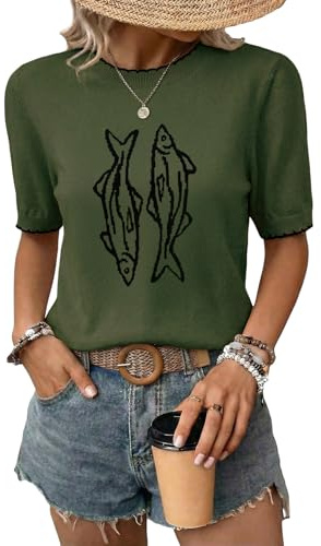 Dokotoo Women's Summer Short Sleeve Sweater for Women Salmon Graphic Knit Top for Beach Tropical Vacation Cruise Hawaiian Outfits Resort Wear Boho Tops Green Spring Sweaters for Women Small