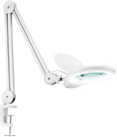 Neatfi Pro Series – Lámpara LED con Lupa Bifocal con Abrazadera, 1200 Lúmenes | Aumento 5D/20D (2,25x/6x) | CRI 95 | Lente de Vidrio de 13 CM, Regulable (Blanco, 5 dioptrías + 20 dioptrías)