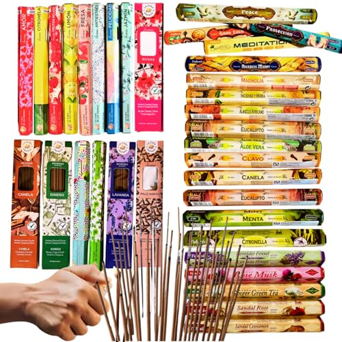 Pack de 120 Varillas Aromáticas – 6 Fragancias Sorpresa – Incienso Natural para Hogar, Meditación y Relajación – Varitas de Incienso de Larga Duración con Porta-inciensos y Bolsa Anti-Humedad