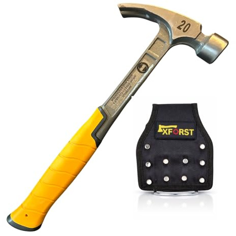 Xforst Marteau de charpentier en acier forgé, poids de la tête de 600 g, avec support magnétique et tire-clous, poignée anti-vibration robuste, ceinture et porte-marteau, 27 cm