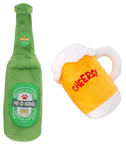 Giocattoli di peluche per cani - Confezione da 2 bottiglie di birra in peluche per gioco interattivo | Bottiglia d'acqua croccante a tema bevanda giocattolo per cani | Set regalo di Natale estivo per