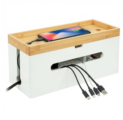 Relaxdays kabelbox i bambu för remsor med 6 uttag, kabelorganiserare med lock och slipsar, naturlig/vit, 16 x 34 x 13,5 cm