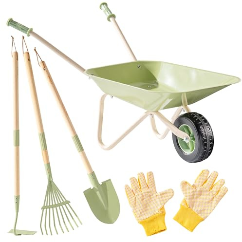 ROBUD Kids Wheelbarrow Gardening Set, 6 PCS Garden Toys for Age 3+, Green | Outdoor Gardening Tools with Leaf Rake, Shovel, Hoe & Gloves for Boys Girls, Garden Gifts for Children Toddlers