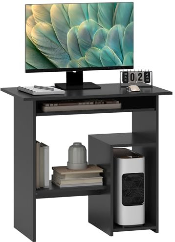 HOMCOM Schreibtisch, 80 x 45 cm, Computertisch, Bürotisch mit Tastaturablage, offenen Fächern und Ablageflächen, Spanplatte, für Home Office, Schlafzimmer, Schwarz