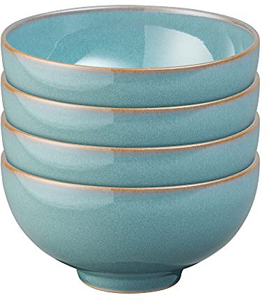 Denby - Azure Blue Rice Bowls Set of 4 - Dishwasher Microwave Safe Crockery 480ml 13cm - Blue Ceramic Stoneware Tableware - Chip & Crack Resistant Soup Bowls