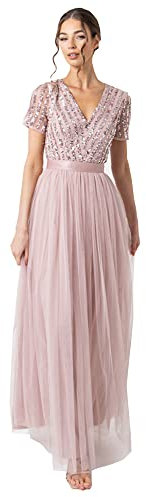 Maya Deluxe Damen Ballkleid Abendkleid V-ausschnitt Maxi Länge Pailletten Kurze Ärmel Für Hochzeit Geburtstag Brautjungfer Bridesmaid Dress, Frosted Pink, 44 EU