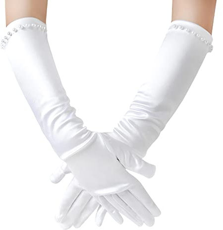TINAYAUE Mädchen Satin Handschuhe Prinzessin lange Handschuhe Hochzeit Kleid Perlenhandschuhe Bekleidungszubehör für Hochzeit, Karneval, Mottoparty