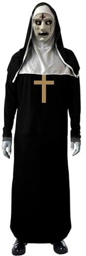IRWOY Disfraz de monja de Halloween con máscara aterradora: disfraz de terror para hombres y mujeres, talla grande, color negro (M)