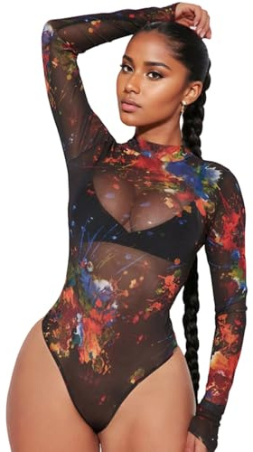 AVZXSA Women's Printed Mesh Long Sleeve Bodysuit, Sexy One Piece with Mock Neck Snap Crotch Leotard Top Black XX-Large