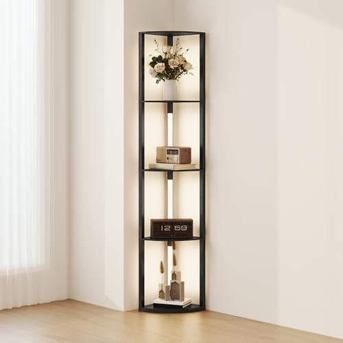 HOMCOM LED Floor Lamp with Shelves, 5-Tier Dimmable Standing Lamp with Adjustable Brightness and Foot Switch, Modern Corner Display Fan-Shaped Shelf Unit for Living Room Bedroom Office, Black