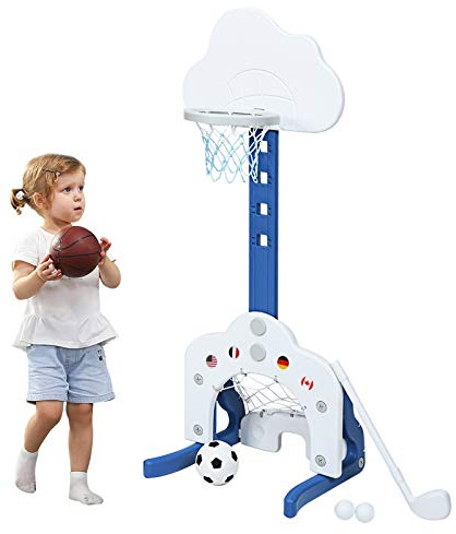 GOPLUS 3 en 1 Panier de Basket Enfant,Basket Intérieur Hockey, Golf,Football, 5 Niveaux de Hauteur Ajustable, Jeux de Basket pour Garçons Filles, Inclus Basketball, Football et Golf (Blanc)