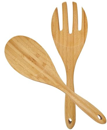 Youkoo 12 Inch Bamboo Wood Salad Servers, Cooking Utensils - Spoon and Fork