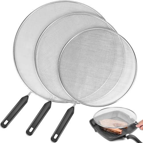 JTNero 3 paraschizzi con manico in acciaio inox Mesh Schegge Screen paraspruzzi olio, protezione anti-schegge, resistente alla temperatura, per cucinare padella (3 pezzi da 25 + 29 + 33 cm)