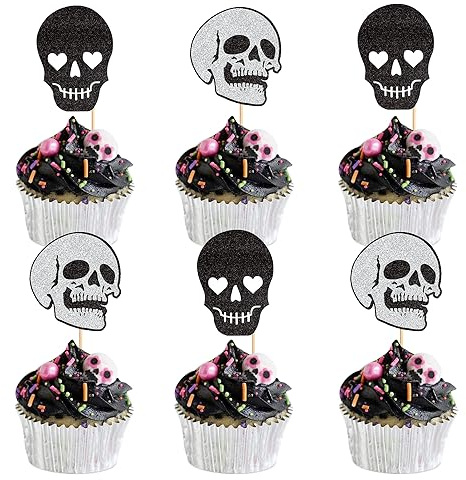 Blumomon 24 piezas de purpurina para decoración de pasteles de Halloween - Decoración para cupcakes con esqueleto, decoración para tartas, decoración de fiestas, accesorios de fiesta de música de