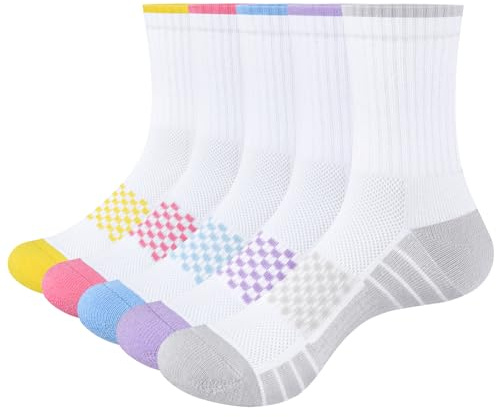 OUYJIA Women's White Sports Socks Moisture Wicking Womens Socks Anti Blister Gym Tennis Training Athletic Crew Socks For Women 4-7, Multipack, 5 Pairs
