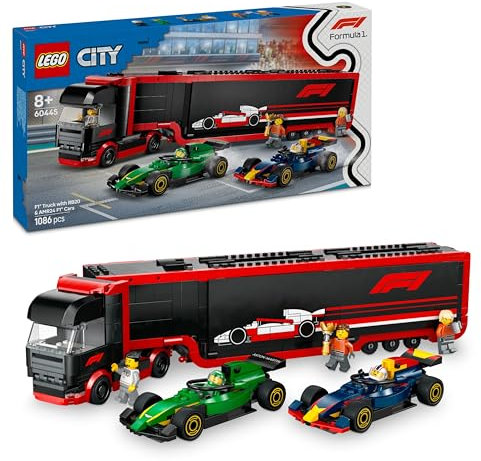 LEGO City F1 Truck with RB20 & AMR24 F1 Cars - Car Transporter Toy for RB & Aston Martin Formula 1 Teams - Incl. 2 Drivers & Race Simulator - Gifts for 8+ Year Old Boys & Girls - 60445