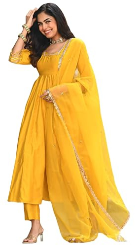 GoSriKi Women's Rayon Blend Anarkali Solid Kurta with Pant & Dupatta